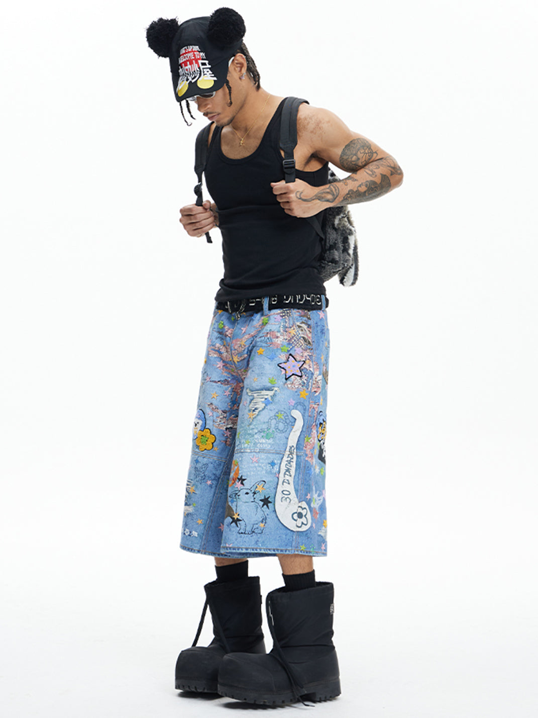DND4DES | Cartoon Graphic Printed Denim Shorts - PSYLOS 1, DND4DES | Cartoon Graphic Printed Denim Shorts, Jeans, DND4DES•JAPAN, PSYLOS 1